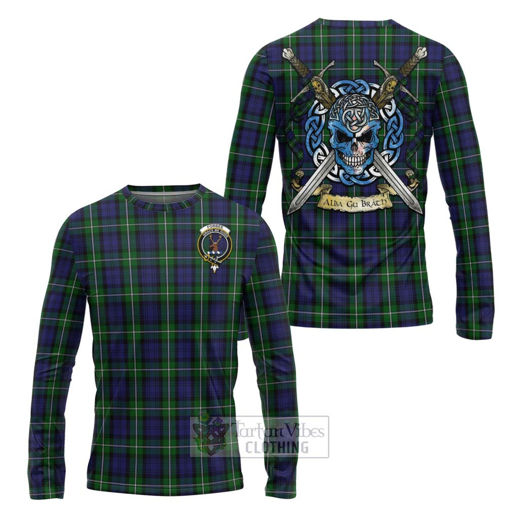 Tartan Vibes Clothing Forbes Tartan Long Sleeve T-Shirt with Family Crest Celtic Skull Style