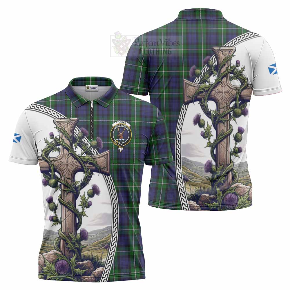 Tartan Vibes Clothing Forbes Tartan Zipper Polo Shirt with Family Crest and St. Andrew's Cross Accented by Thistle Vines