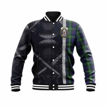 Forbes Tartan Baseball Jacket with Family Crest Cross Sword Thistle Celtic Vibes