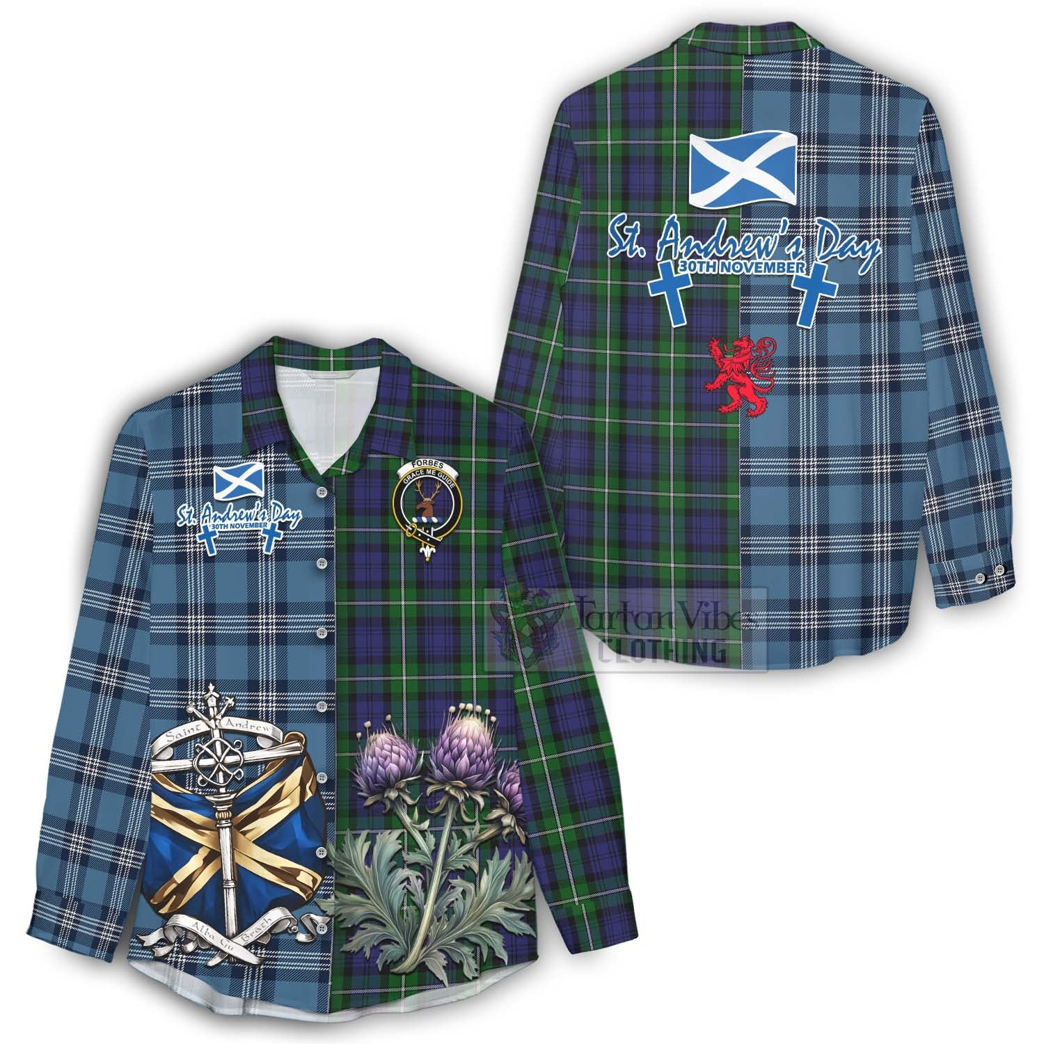 Tartan Vibes Clothing Forbes Tartan Women's Casual Shirt Happy St. Andrew's Day Half Tartan Style