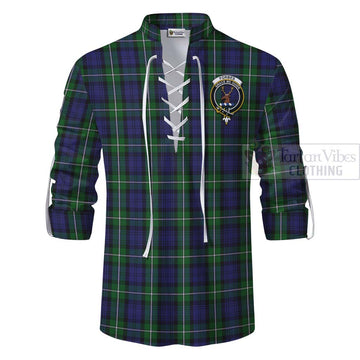 Forbes Tartan Ghillie Kilt Shirt with Family Crest and Bearded Skull Holding Bottles of Whiskey