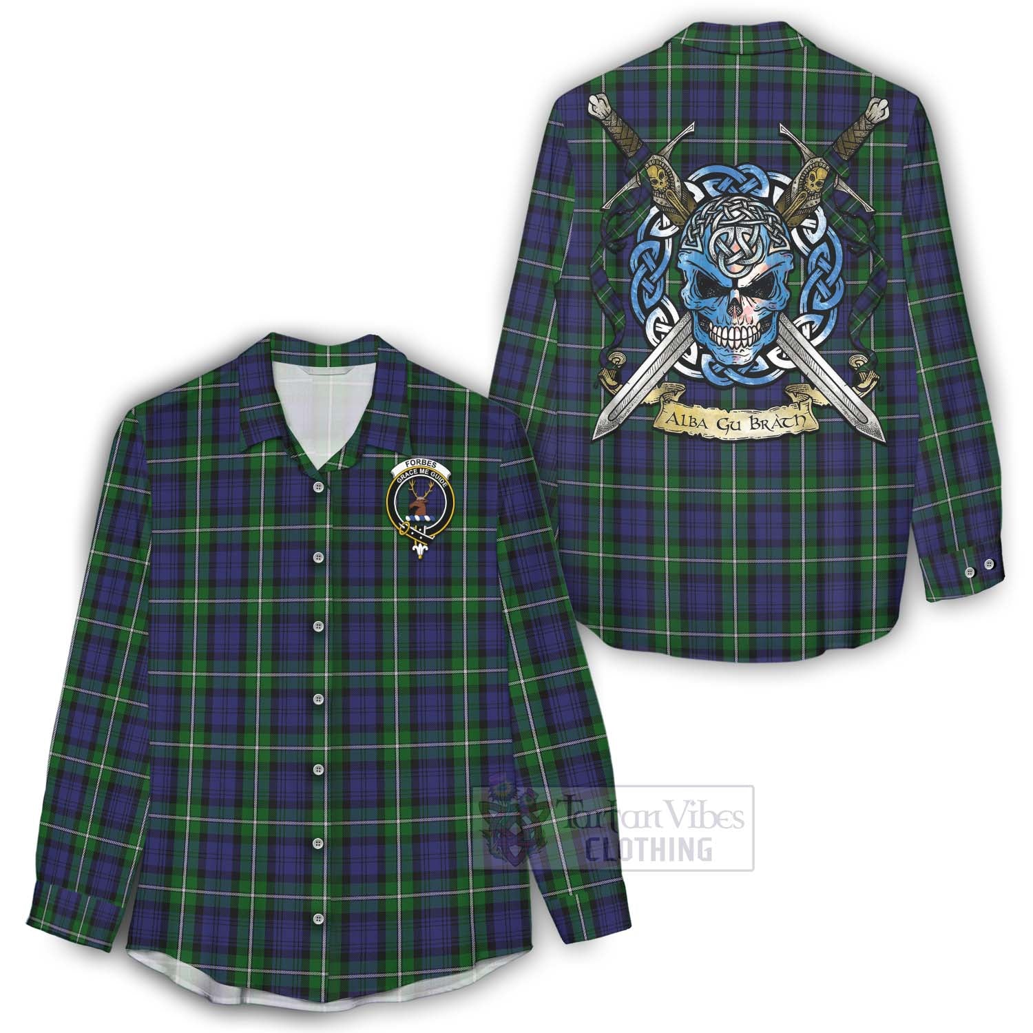 Tartan Vibes Clothing Forbes Tartan Women's Casual Shirt with Family Crest Celtic Skull Style