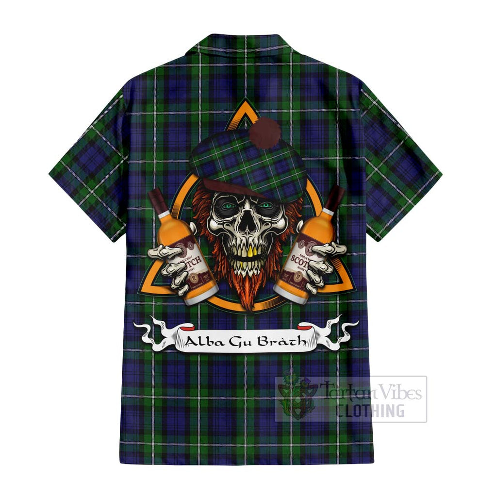 Tartan Vibes Clothing Forbes Tartan Short Sleeve Button Shirt with Family Crest and Bearded Skull Holding Bottles of Whiskey