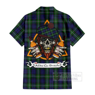 Forbes Tartan Short Sleeve Button Shirt with Family Crest and Bearded Skull Holding Bottles of Whiskey