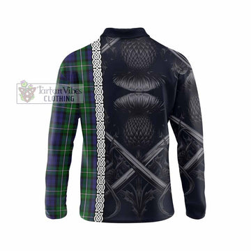 Forbes Tartan Long Sleeve Polo Shirt with Family Crest Cross Sword Thistle Celtic Vibes