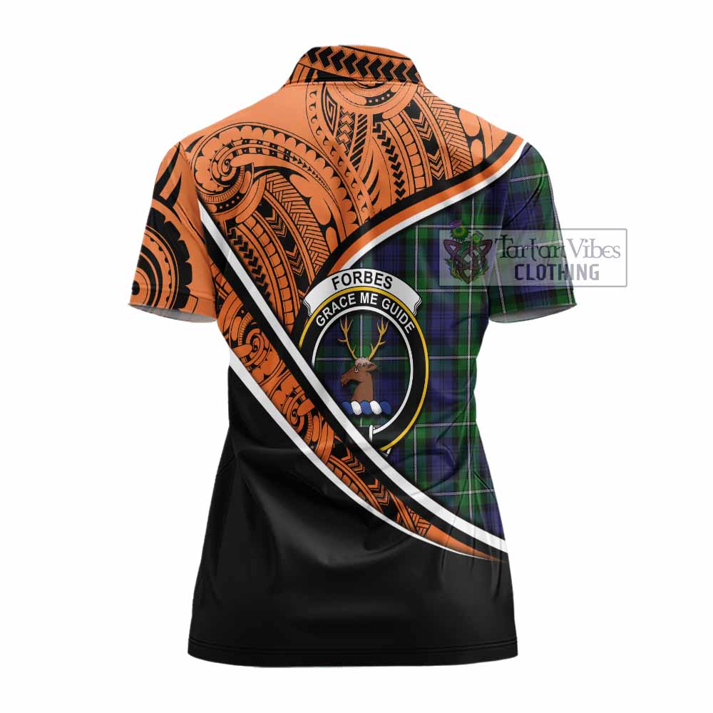 Tartan Vibes Clothing Forbes Crest Tartan Women's Polo Shirt with Maori Tattoo Style - Orange Version