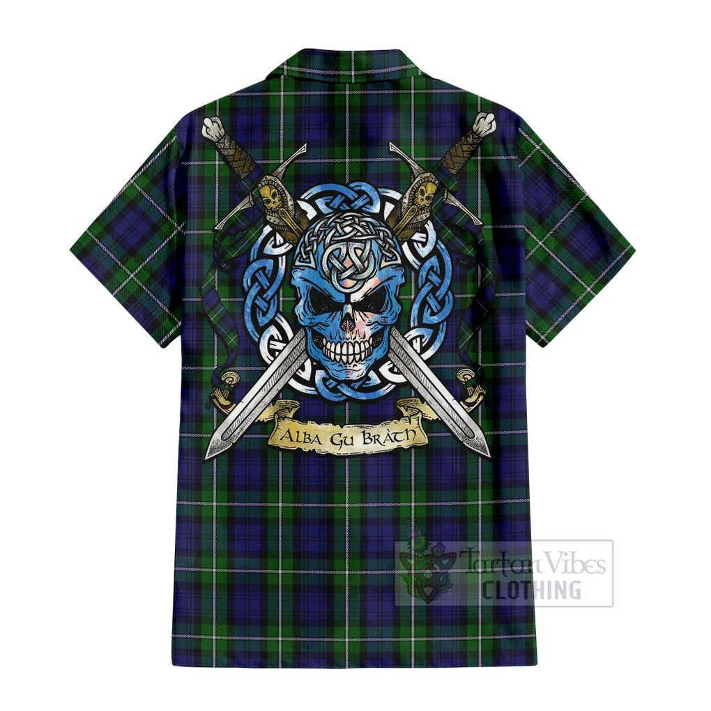 Tartan Vibes Clothing Forbes Tartan Short Sleeve Button Shirt with Family Crest Celtic Skull Style