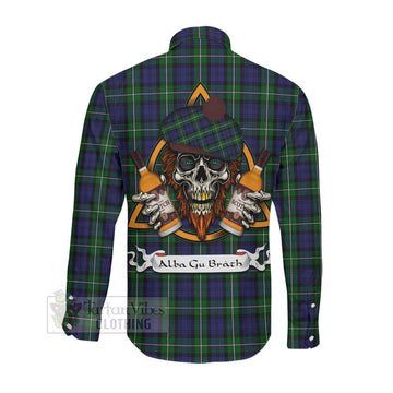 Forbes Tartan Long Sleeve Button Shirt with Family Crest and Bearded Skull Holding Bottles of Whiskey