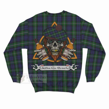 Forbes Tartan Sweatshirt with Family Crest and Bearded Skull Holding Bottles of Whiskey