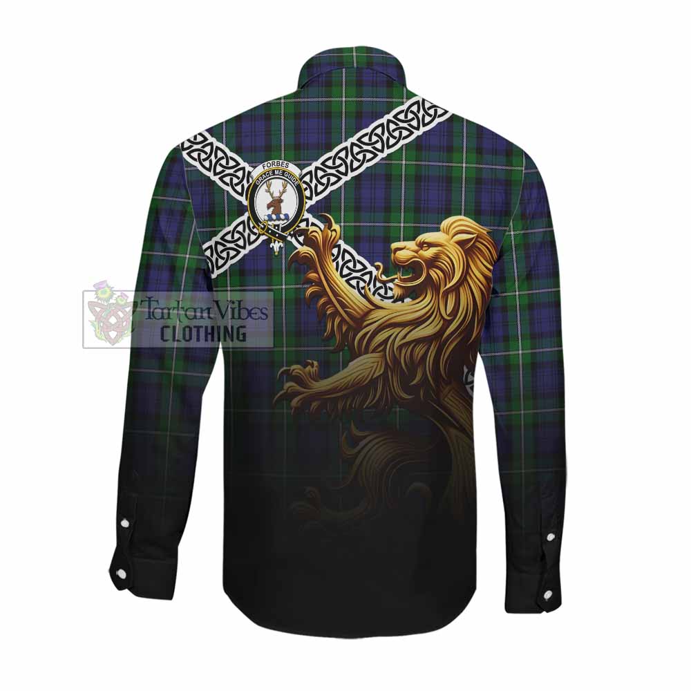 Forbes Crest Tartan Long Sleeve Button Shirt with Golden Lion Emblem Celtic Style Men's Shirt - Tartan Vibes Clothing