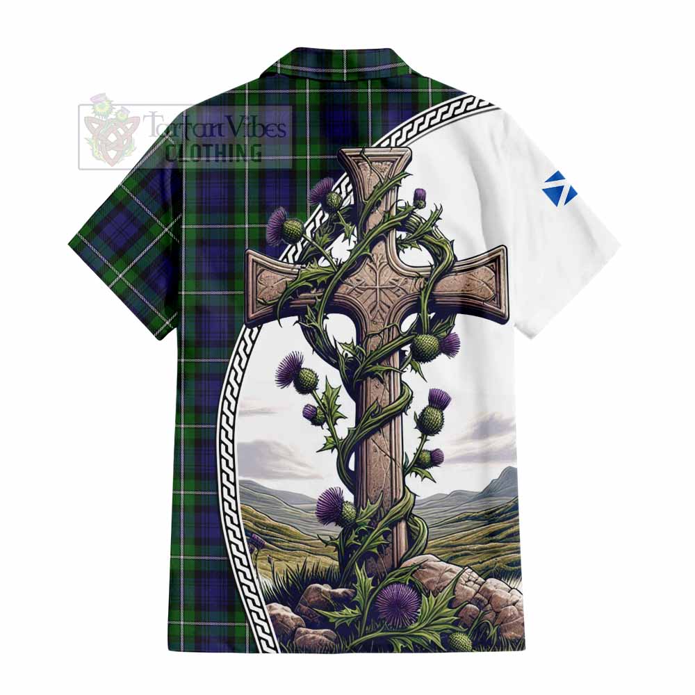 Tartan Vibes Clothing Forbes Tartan Short Sleeve Button Shirt with Family Crest and St. Andrew's Cross Accented by Thistle Vines