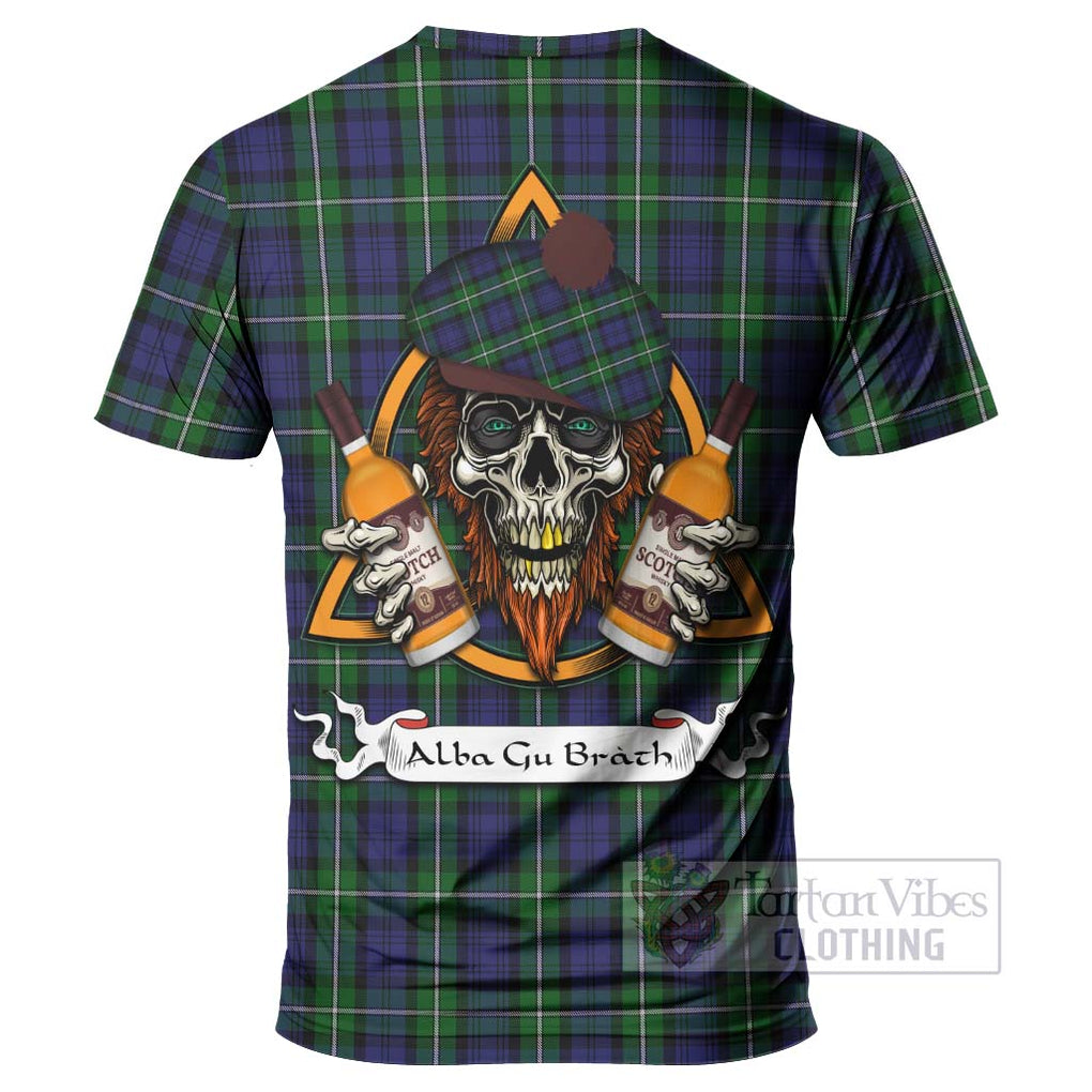 Tartan Vibes Clothing Forbes Tartan T-Shirt with Family Crest and Bearded Skull Holding Bottles of Whiskey