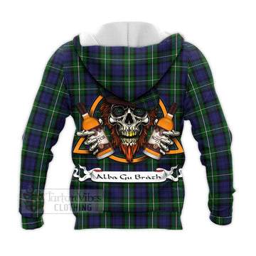 Forbes Tartan Knitted Hoodie with Family Crest and Bearded Skull Holding Bottles of Whiskey