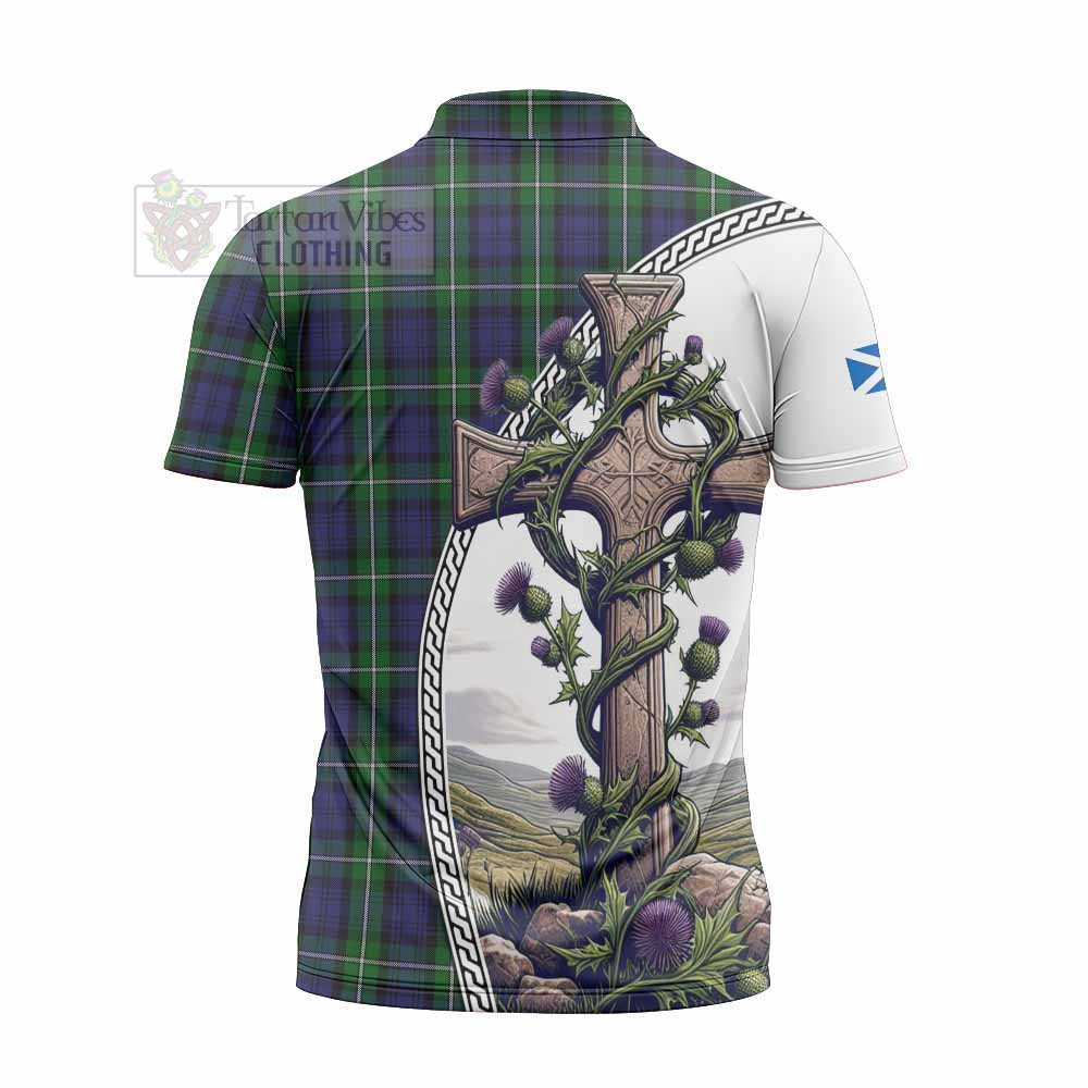 Tartan Vibes Clothing Forbes Tartan Zipper Polo Shirt with Family Crest and St. Andrew's Cross Accented by Thistle Vines