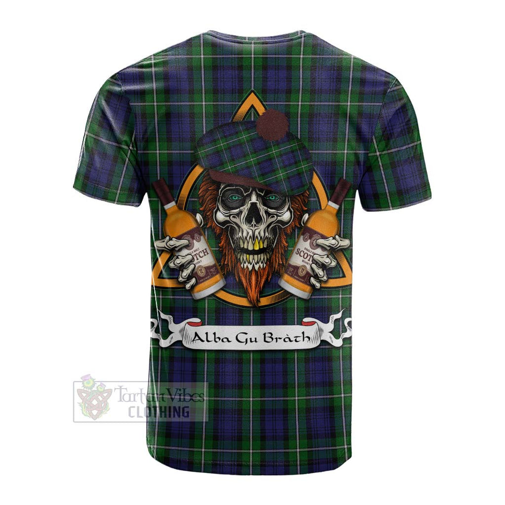 Tartan Vibes Clothing Forbes Tartan Cotton T-shirt with Family Crest and Bearded Skull Holding Bottles of Whiskey