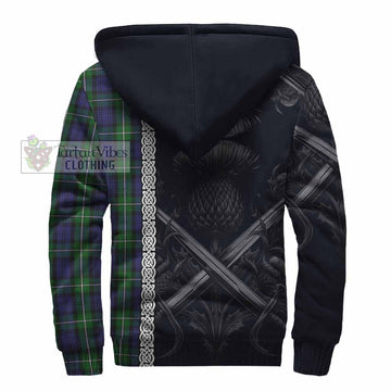 Forbes Tartan Sherpa Hoodie with Family Crest Cross Sword Thistle Celtic Vibes