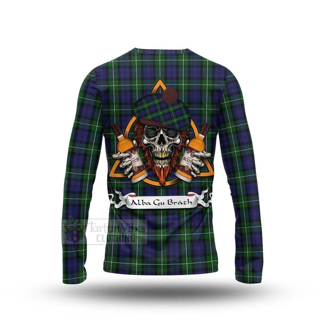 Tartan Vibes Clothing Forbes Tartan Long Sleeve T-Shirt with Family Crest and Bearded Skull Holding Bottles of Whiskey