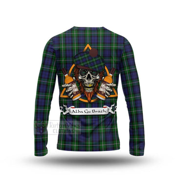 Forbes Tartan Long Sleeve T-Shirt with Family Crest and Bearded Skull Holding Bottles of Whiskey