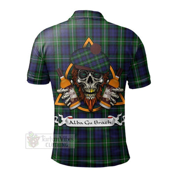 Forbes Tartan Polo Shirt with Family Crest and Bearded Skull Holding Bottles of Whiskey