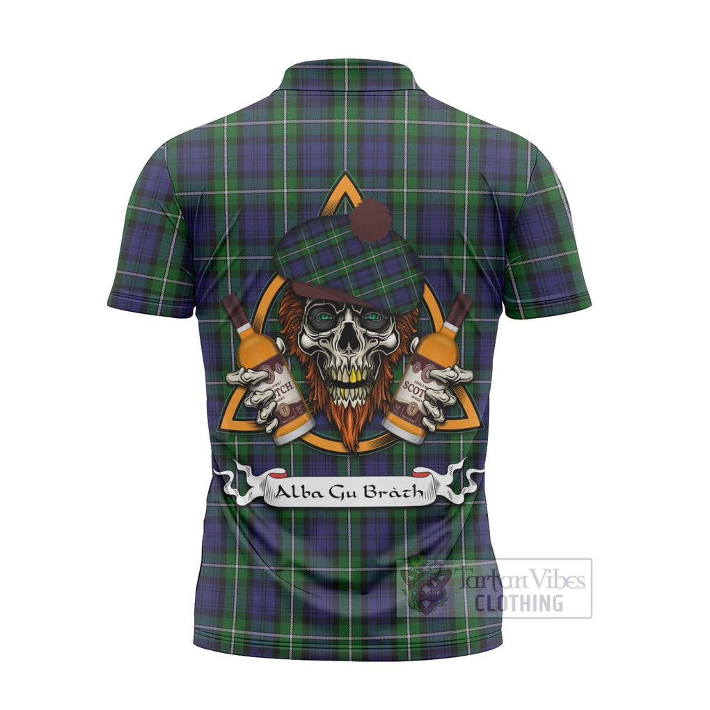 Tartan Vibes Clothing Forbes Tartan Zipper Polo Shirt with Family Crest and Bearded Skull Holding Bottles of Whiskey