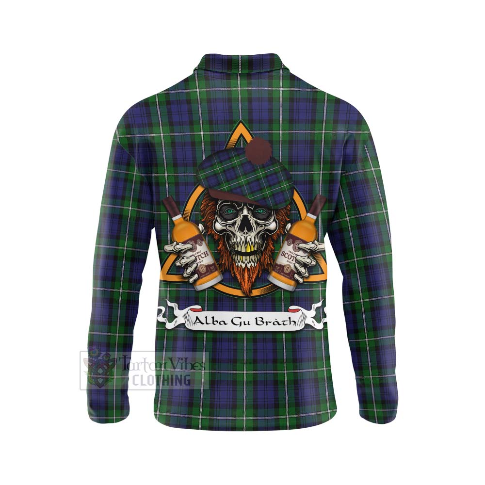 Tartan Vibes Clothing Forbes Tartan Long Sleeve Polo Shirt with Family Crest and Bearded Skull Holding Bottles of Whiskey