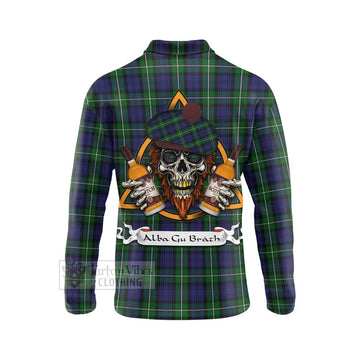 Forbes Tartan Long Sleeve Polo Shirt with Family Crest and Bearded Skull Holding Bottles of Whiskey