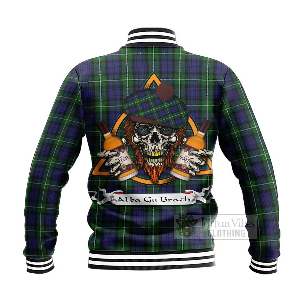 Tartan Vibes Clothing Forbes Tartan Baseball Jacket with Family Crest and Bearded Skull Holding Bottles of Whiskey