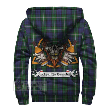 Forbes Tartan Sherpa Hoodie with Family Crest and Bearded Skull Holding Bottles of Whiskey