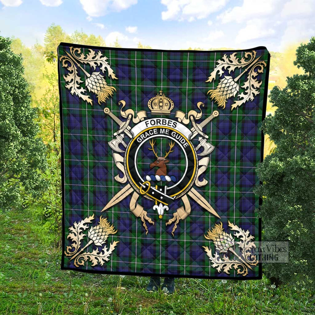 Tartan Vibes Clothing Forbes Tartan Quilt with Family Crest and Scottish Golden Courage Shield