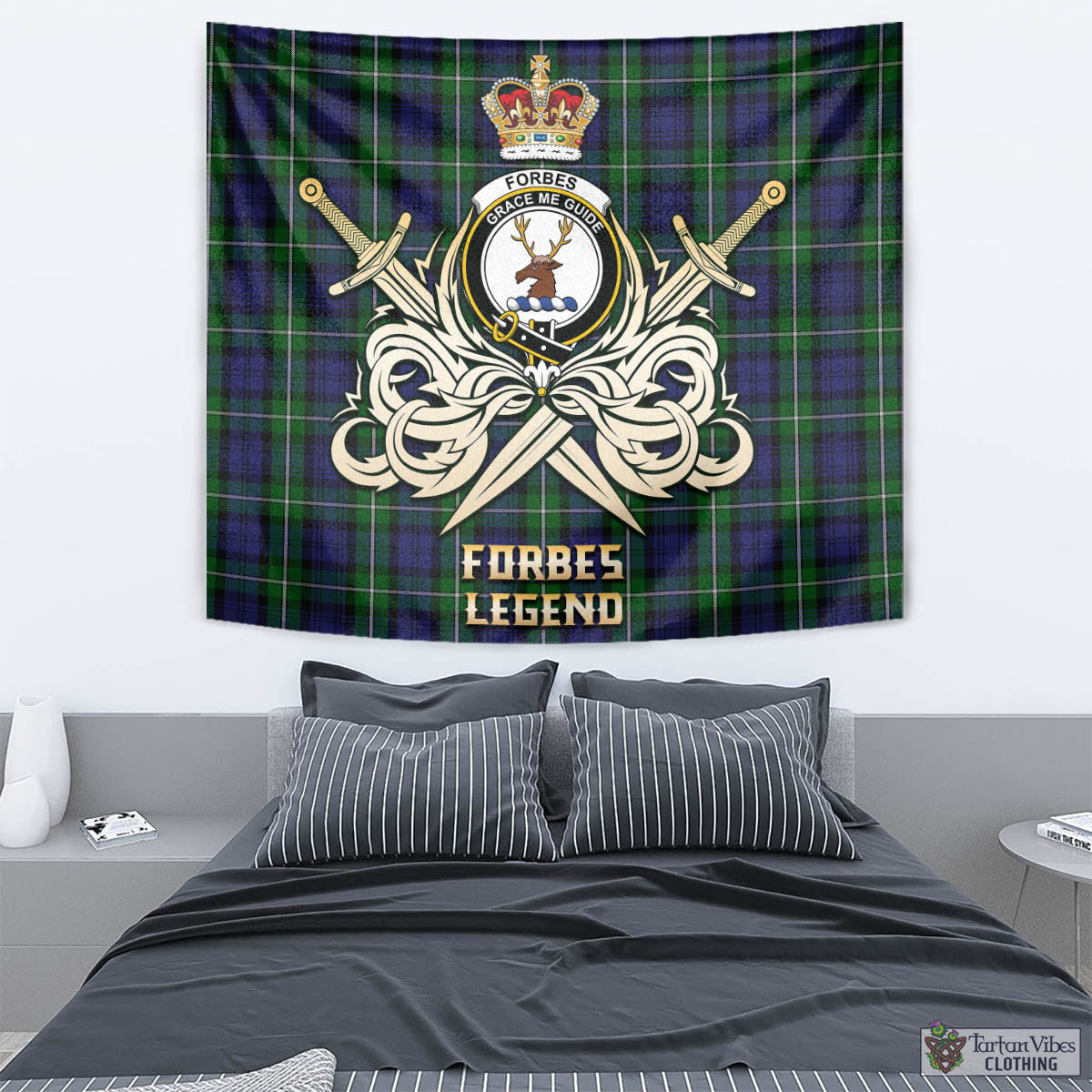 Tartan Vibes Clothing Forbes Tartan Tapestry with Clan Crest and the Golden Sword of Courageous Legacy