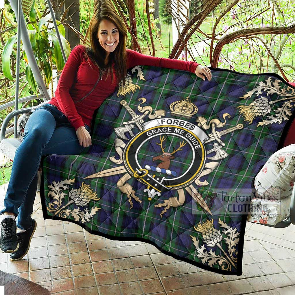 Tartan Vibes Clothing Forbes Tartan Quilt with Family Crest and Scottish Golden Courage Shield