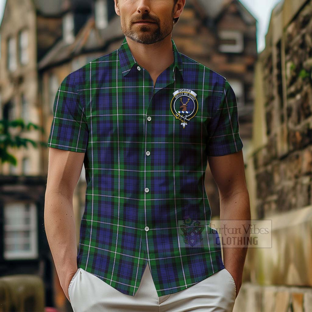 Tartan Vibes Clothing Forbes Tartan Short Sleeve Button Shirt with Family Crest Celtic Skull Style