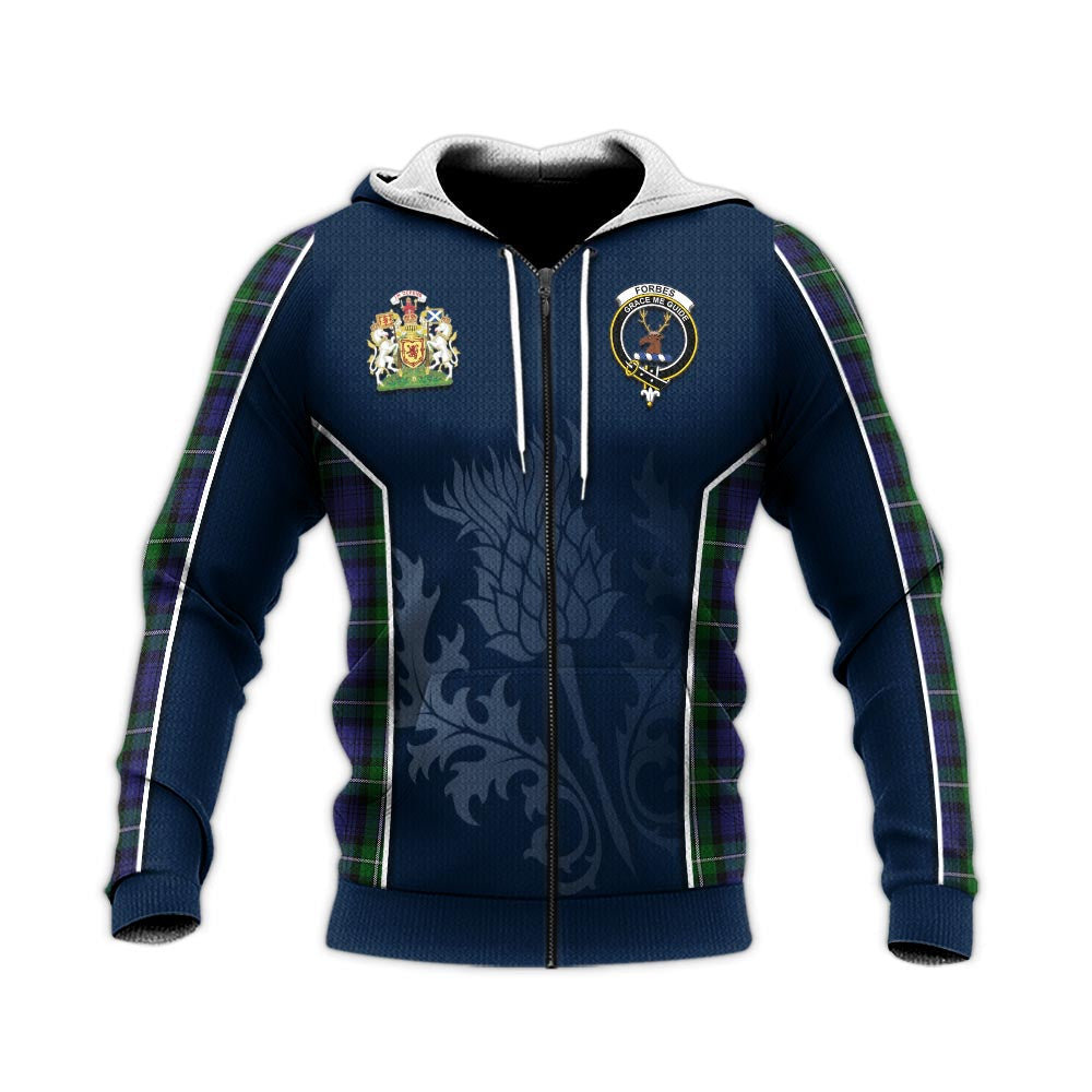 Tartan Vibes Clothing Forbes Tartan Knitted Hoodie with Family Crest and Scottish Thistle Vibes Sport Style