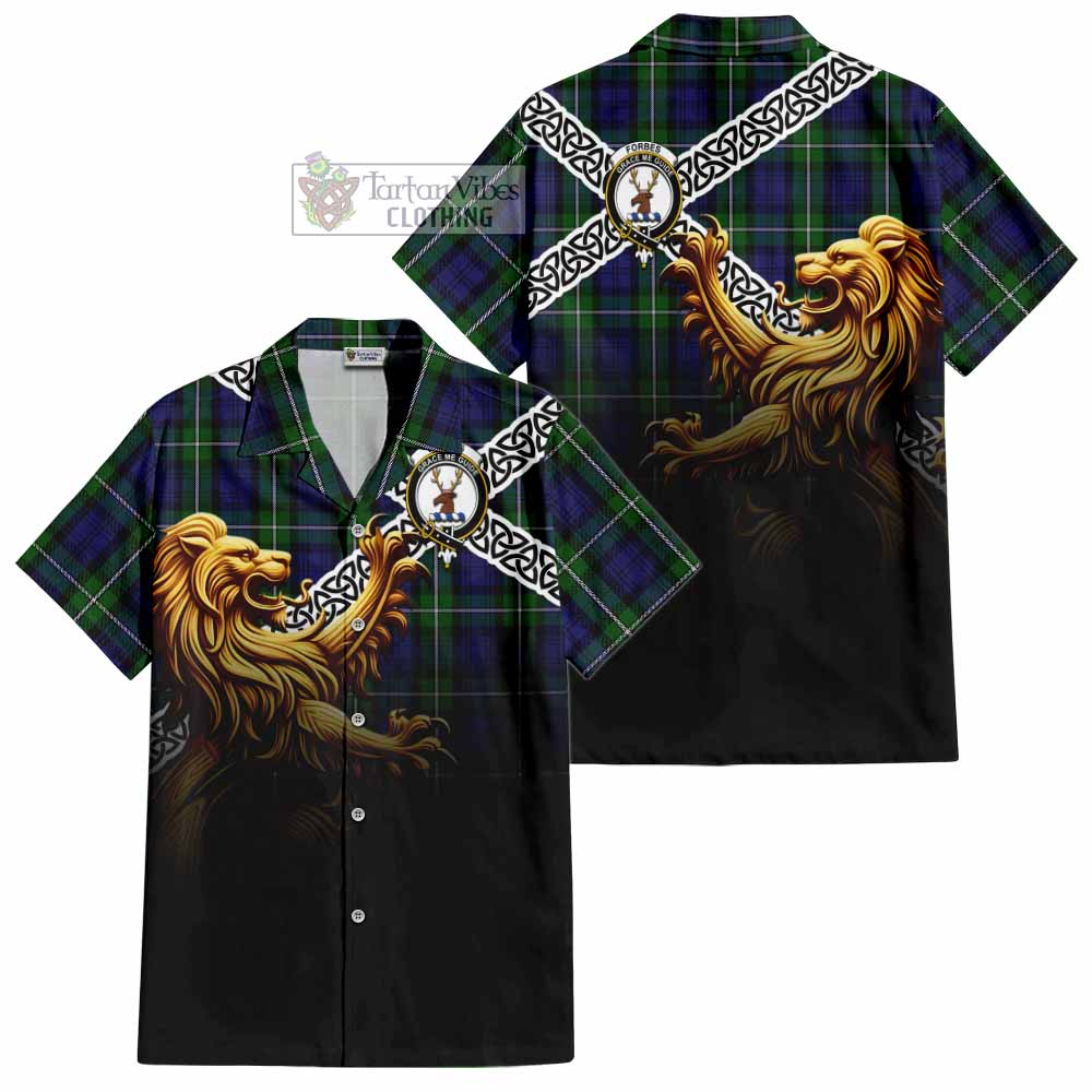 Forbes Crest Tartan Hawaiian Shirt with Golden Lion Emblem Celtic Style - Tartan Vibes Clothing