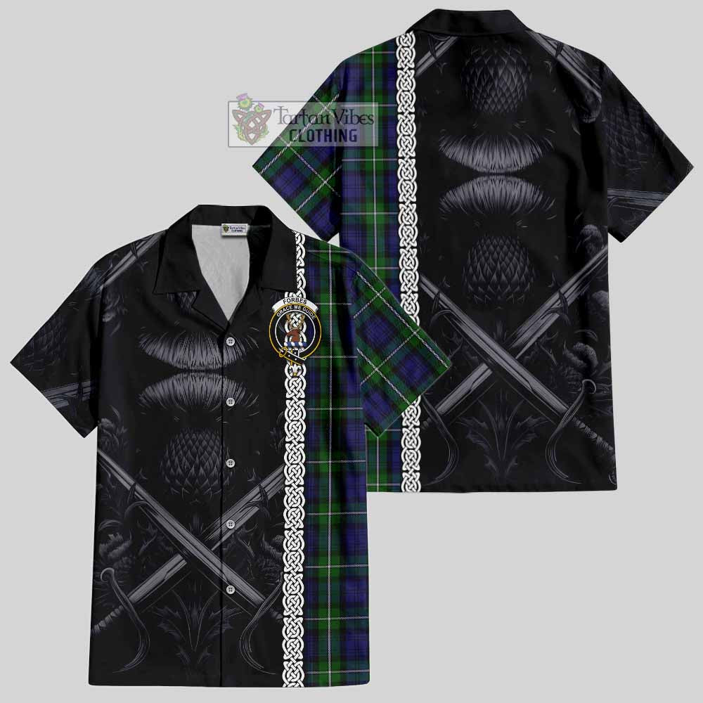 Tartan Vibes Clothing Forbes Tartan Short Sleeve Button Shirt with Family Crest Cross Sword Thistle Celtic Vibes