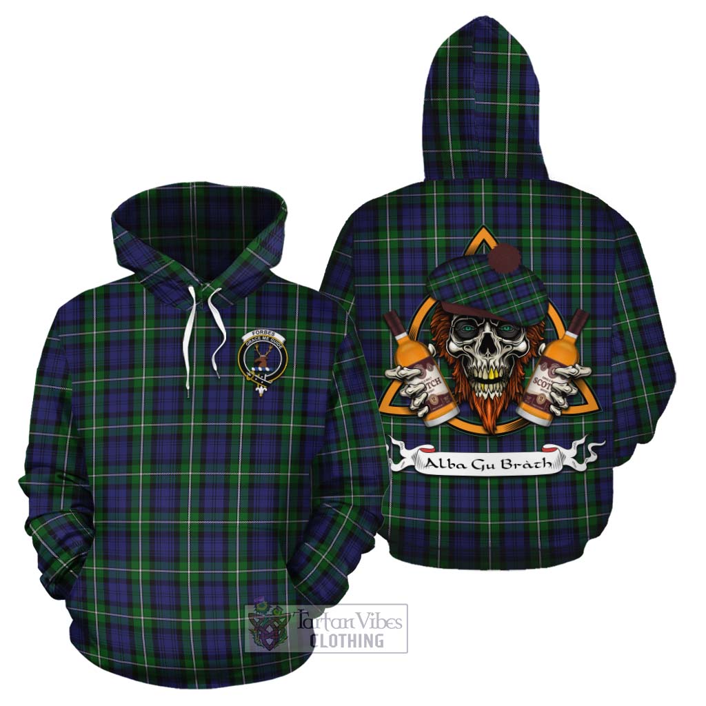 Tartan Vibes Clothing Forbes Tartan Cotton Hoodie with Family Crest and Bearded Skull Holding Bottles of Whiskey