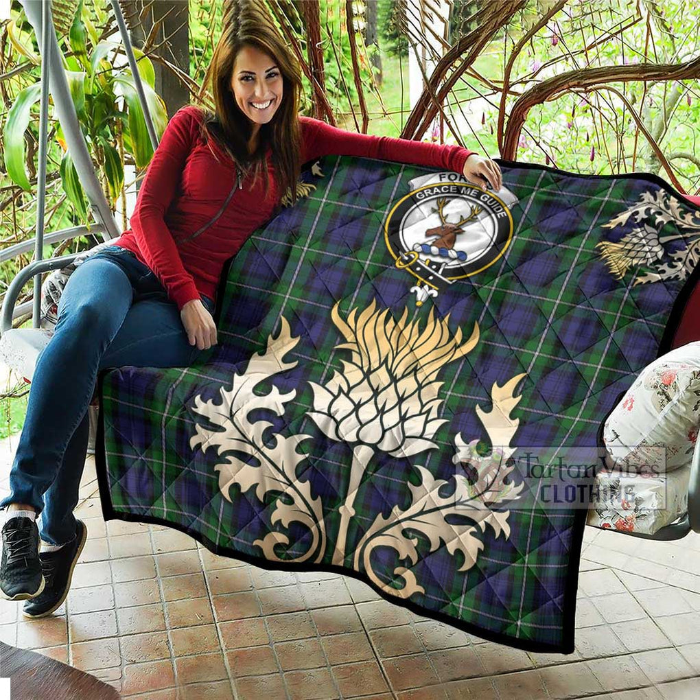 Tartan Vibes Clothing Forbes Tartan Quilt with Family Crest and Golden Thistle Style