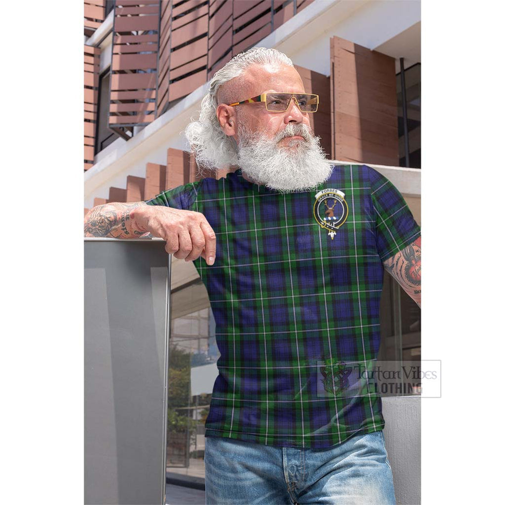 Tartan Vibes Clothing Forbes Tartan Cotton T-shirt with Family Crest and Bearded Skull Holding Bottles of Whiskey