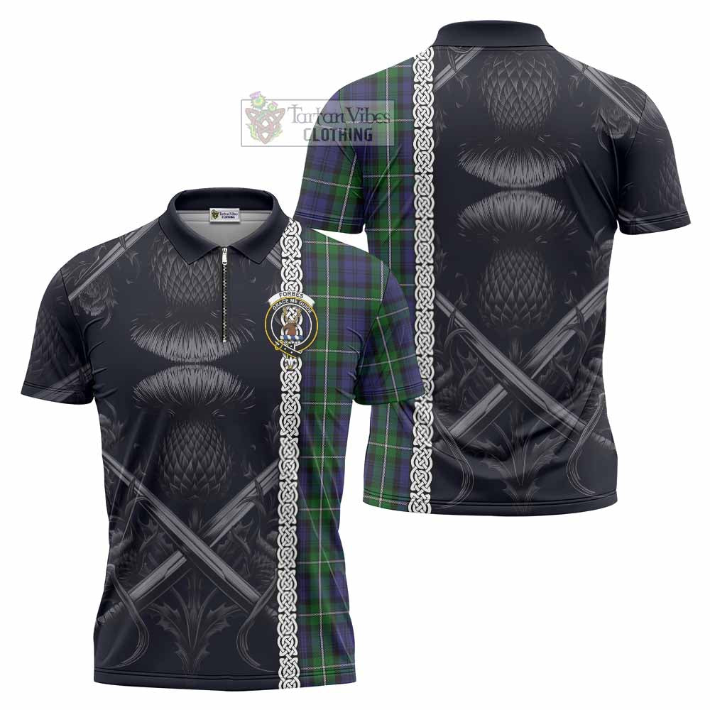 Tartan Vibes Clothing Forbes Tartan Zipper Polo Shirt with Family Crest Cross Sword Thistle Celtic Vibes