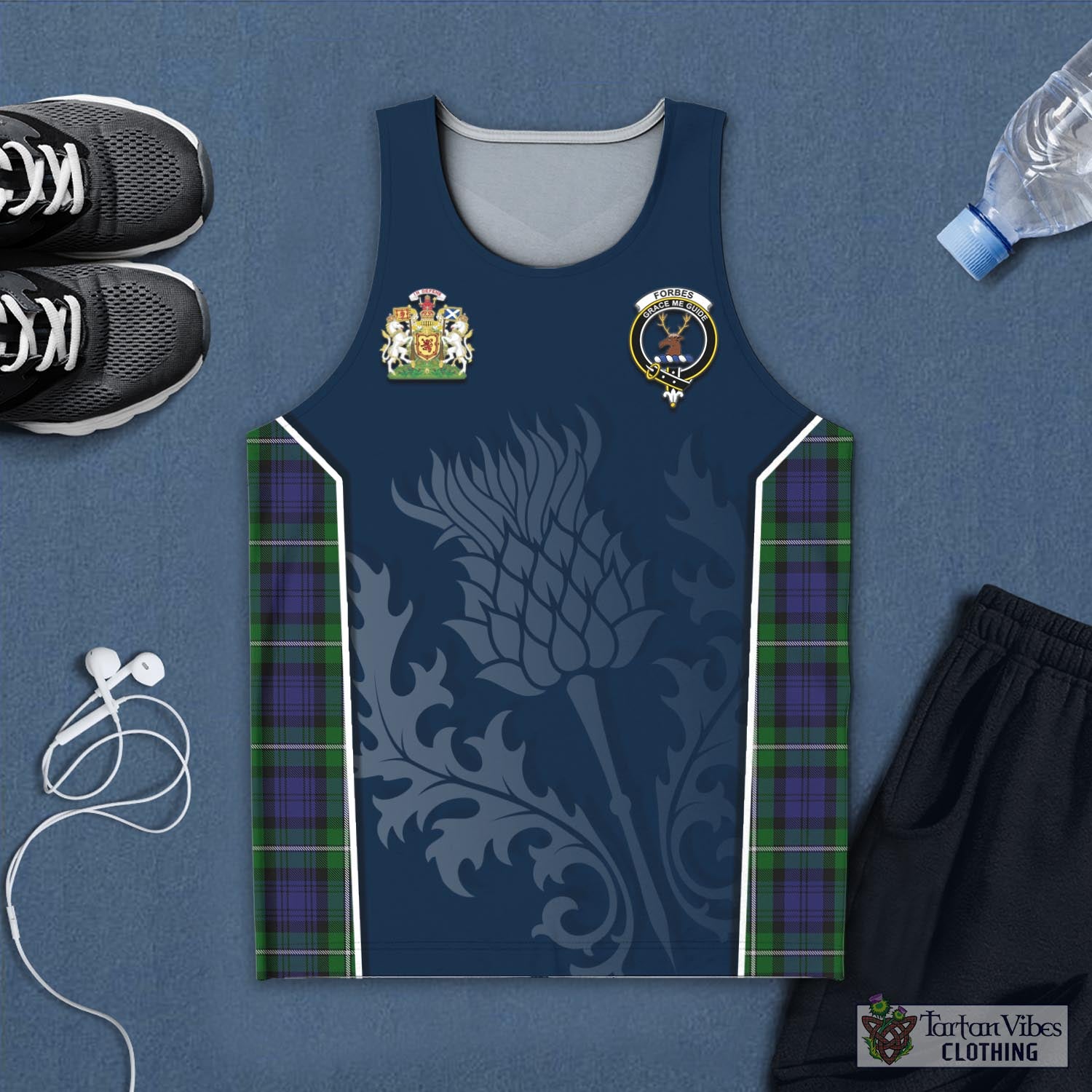 Tartan Vibes Clothing Forbes Tartan Men's Tanks Top with Family Crest and Scottish Thistle Vibes Sport Style