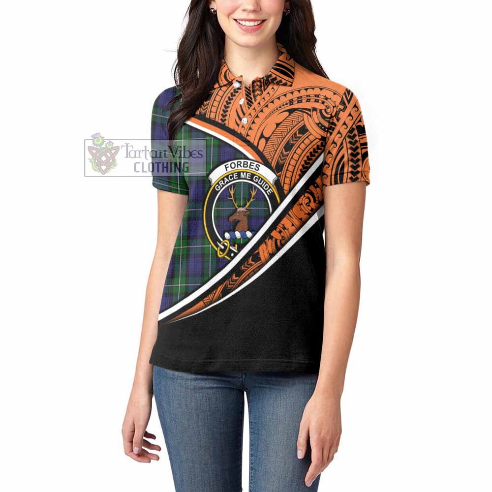 Tartan Vibes Clothing Forbes Crest Tartan Women's Polo Shirt with Maori Tattoo Style - Orange Version