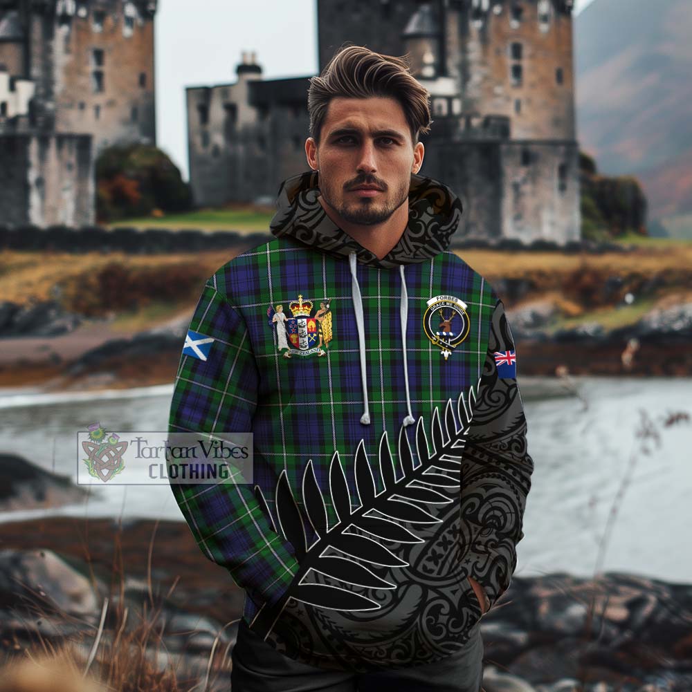 Tartan Vibes Clothing Forbes Crest Tartan Cotton Hoodie with New Zealand Silver Fern Half Style