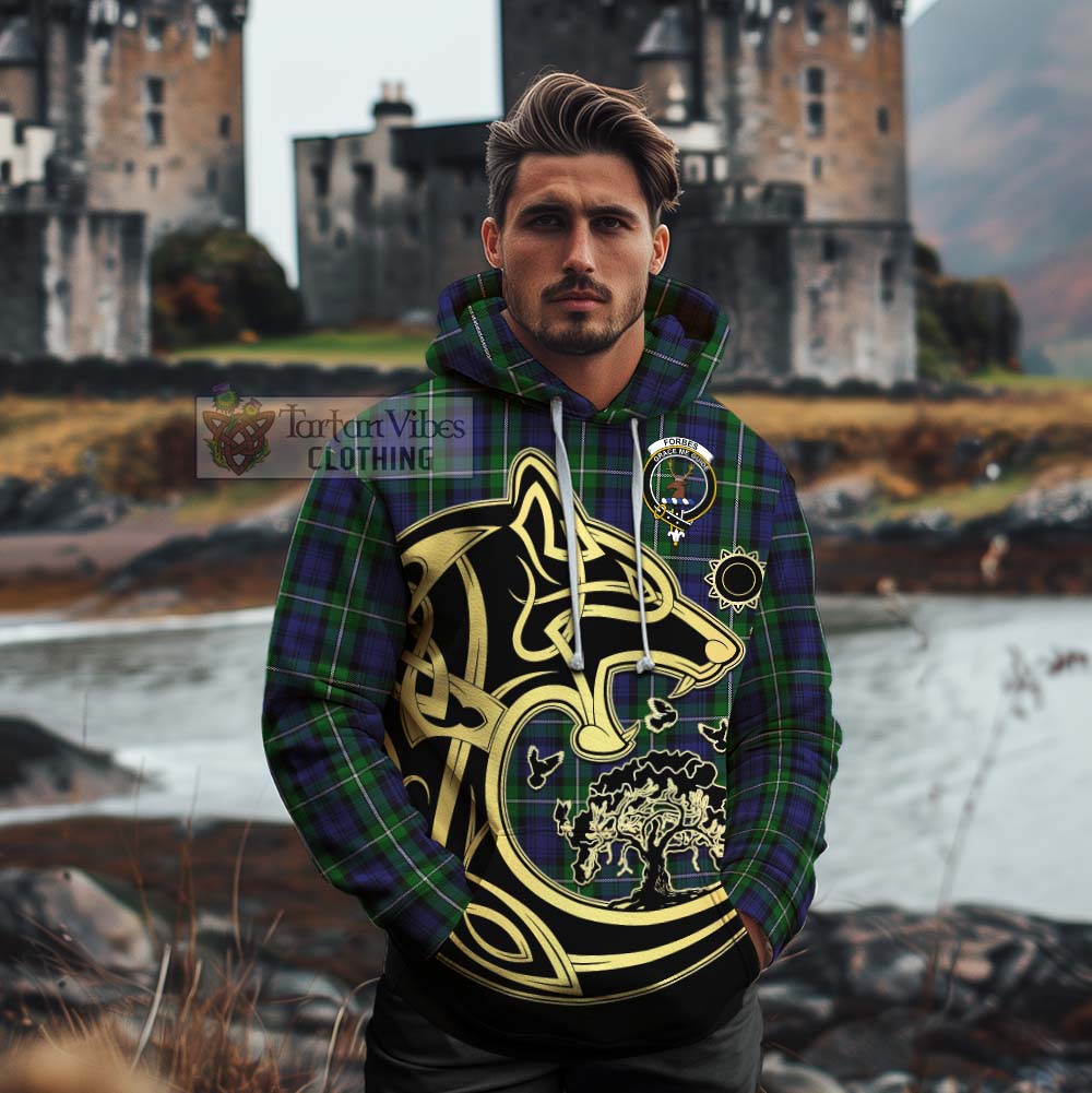 Tartan Vibes Clothing Forbes Tartan Cotton Hoodie with Family Crest Celtic Wolf Style