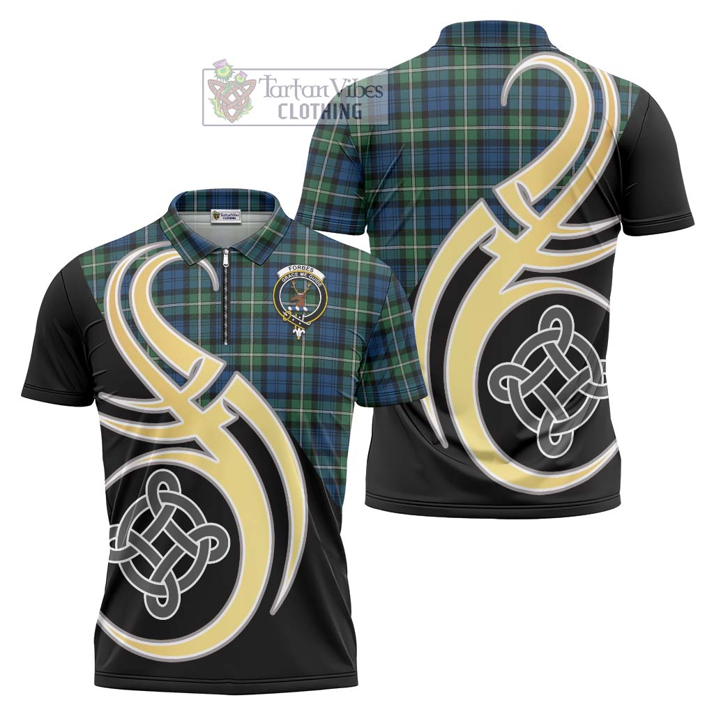 Tartan Vibes Clothing Forbes Ancient Tartan Zipper Polo Shirt with Family Crest and Celtic Symbol Style