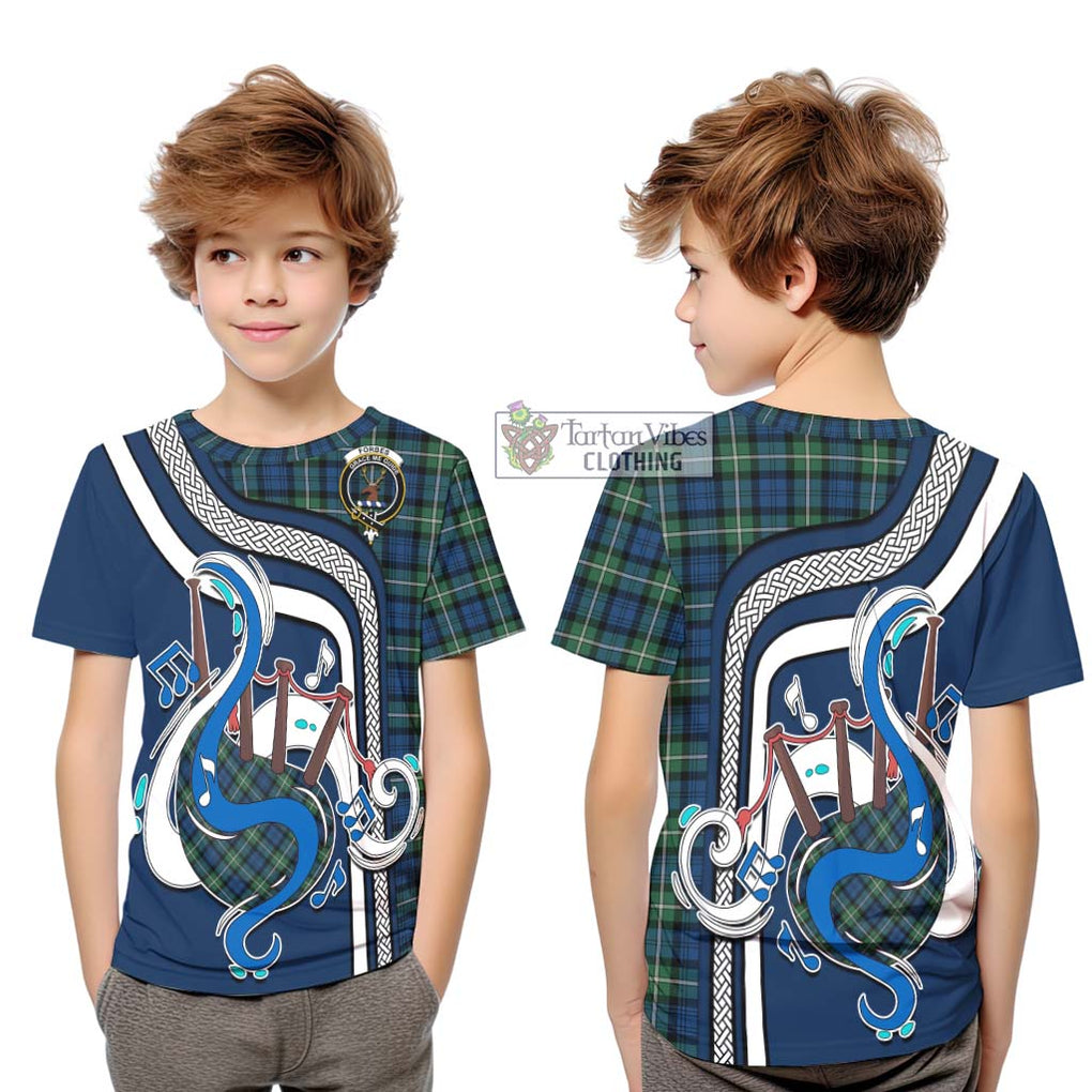 Tartan Vibes Clothing Forbes Ancient Tartan Kid T-Shirt with Epic Bagpipe Style