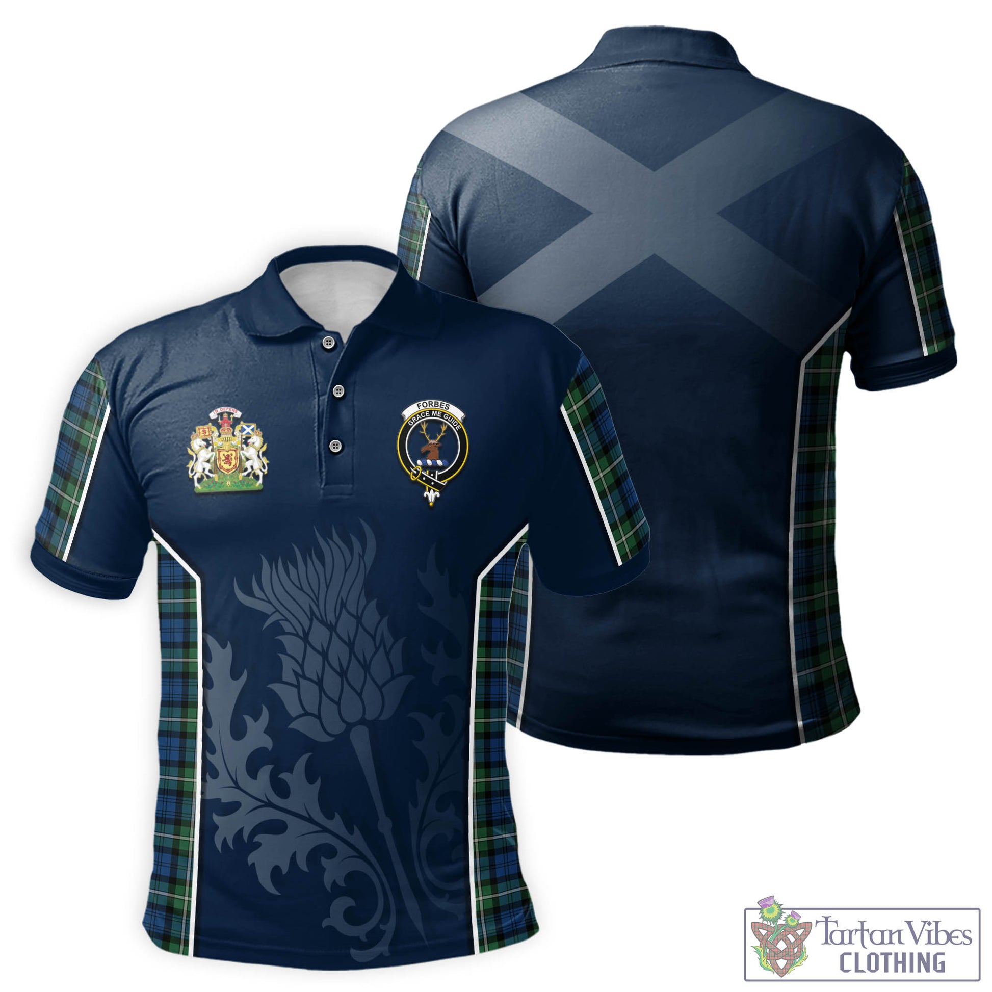 Tartan Vibes Clothing Forbes Ancient Tartan Men's Polo Shirt with Family Crest and Scottish Thistle Vibes Sport Style