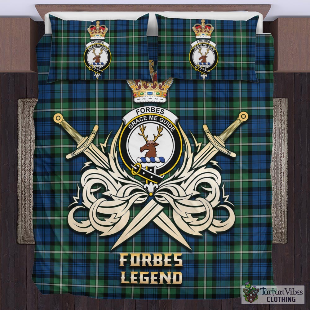 Tartan Vibes Clothing Forbes Ancient Tartan Bedding Set with Clan Crest and the Golden Sword of Courageous Legacy