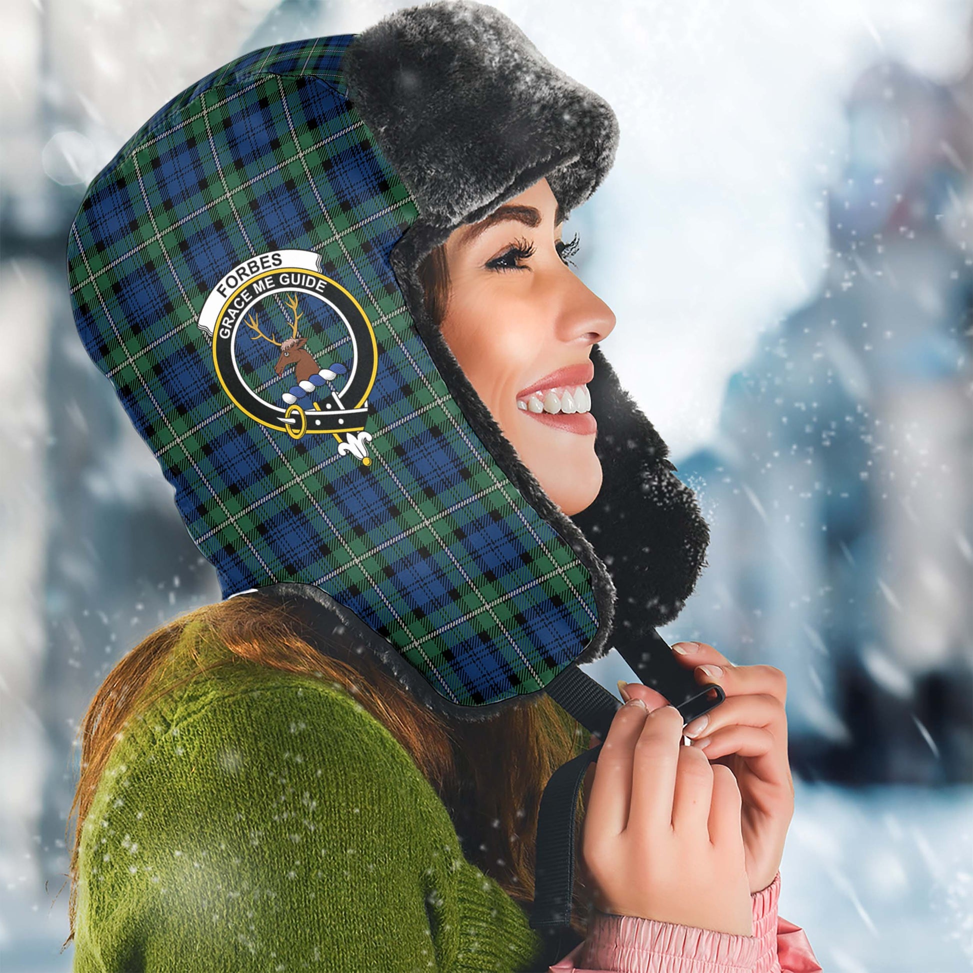 Forbes Ancient Tartan Winter Trapper Hat with Family Crest Winter Trapper Hat Universal Fit Circumference 22.8in (58cm) - Tartanvibesclothing