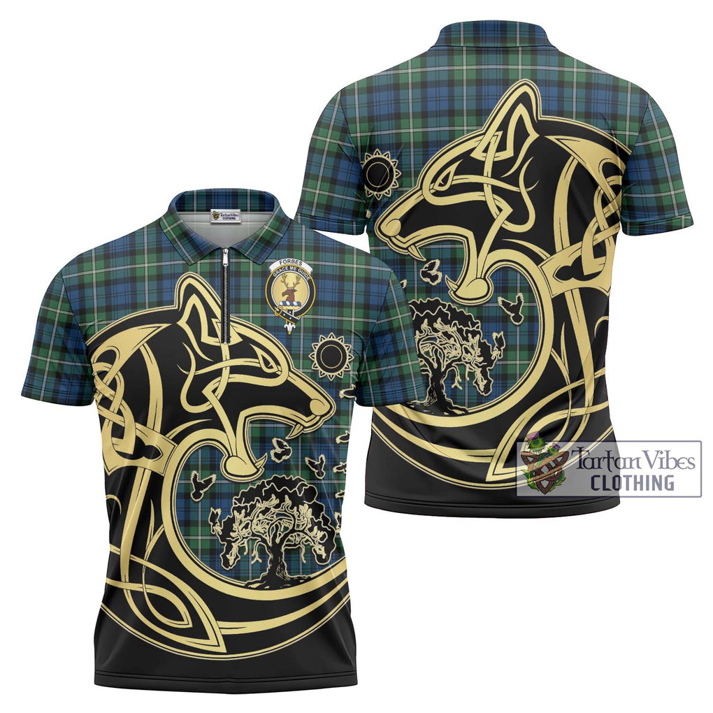 Forbes Ancient Tartan Zipper Polo Shirt with Family Crest Celtic Wolf Style Unisex - Tartanvibesclothing Shop