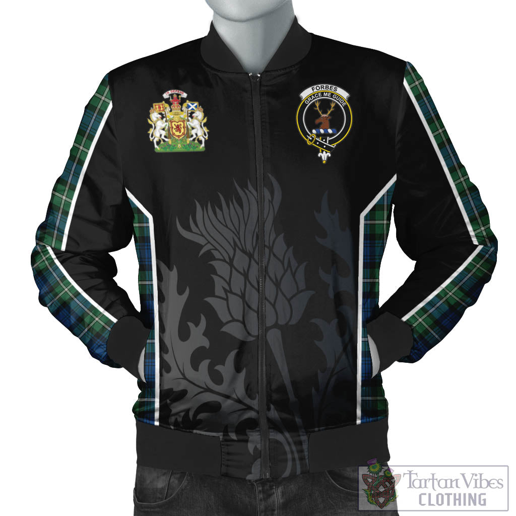 Tartan Vibes Clothing Forbes Ancient Tartan Bomber Jacket with Family Crest and Scottish Thistle Vibes Sport Style